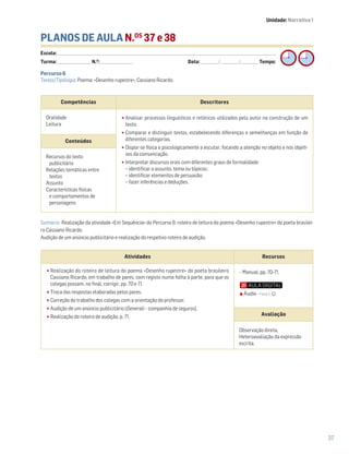 37
PLANOS DE AULA N.OS
37 e 38
Escola: ______________________________________________________________________________________________________________________________________________________________________
Turma: _________________________ N.O
: ________________________ Data: _____________/_____________/_____________ Tempo:
Sumário: Realização da atividade «Em Sequência» do Percurso 6: roteiro de leitura do poema «Desenho rupestre» do poeta brasilei-
ro Cassiano Ricardo.
Audição de um anúncio publicitário e realização do respetivo roteiro de audição.
Competências Descritores
Oralidade
Leitura
•Analisar processos linguísticos e retóricos utilizados pelo autor na construção de um
texto.
•Comparar e distinguir textos, estabelecendo diferenças e semelhanças em função de
diferentes categorias.
•Dispor-se física e psicologicamente a escutar, focando a atenção no objeto e nos objeti-
vos da comunicação.
•Interpretar discursos orais com diferentes graus de formalidade:
− identificar o assunto, tema ou tópicos;
− identificar elementos de persuasão;
− fazer inferências e deduções.
Conteúdos
Recursos do texto
publicitário
Relações temáticas entre
textos
Assunto
Características físicas
e comportamentos de
personagens
Percurso 6
Textos/Tipologia: Poema: «Desenho rupestre», Cassiano Ricardo.
Unidade: Narrativa 1
Atividades Recursos
•Realização do roteiro de leitura do poema «Desenho rupestre» do poeta brasileiro
Cassiano Ricardo, em trabalho de pares, com registo numa folha à parte, para que os
colegas possam, no final, corrigir, pp. 70 e 71.
•Troca das respostas elaboradas pelos pares.
•Correção do trabalho dos colegas com a orientação do professor.
•Audição de um anúncio publicitário (Generali – companhia de seguros).
•Realização do roteiro de audição, p. 71.
– Manual, pp. 70-71.
Avaliação
Observação direta.
Heteroavaliação da expressão
escrita.
Áudio • Faixa 5
 