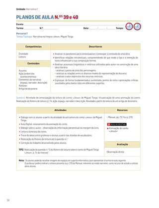 38
PLANOS DE AULA N.OS
39 e 40
Escola: ______________________________________________________________________________________________________________________________________________________________________
Turma: _________________________ N.O
: ________________________ Data: _____________/_____________/_____________ Tempo:
Sumário: Atividade de antecipação da leitura do conto «Jesus» de Miguel Torga. Visualização de uma animação do conto.
Realização do Roteiro de leitura, p. 74; ação, espaço, narrador e descrição. Atividade a partir da leitura de um artigo de dicionário.
Competências Descritores
Oralidade
Leitura
•Analisar os paratextos para contextualizar e antecipar o conteúdo de uma obra.
•Identificar relações intratextuais, compreendendo de que modo o tipo e a intenção do
texto influenciam a sua composição formal.
•Analisar processos linguísticos e retóricos utilizados pelo autor na construção de uma
obra literária:
− analisar o ponto de vista das personagens;
− analisar as relações entre os diversos modos de representação do discurso;
− analisar o valor expressivo dos recursos retóricos.
•Expressar, de forma fundamentada e sustentada, pontos de vista e apreciações críticas
suscitados pelos textos lidos em diferentes suportes.
Conteúdos
Assunto
Ação (ordem dos
acontecimentos)
Elementos da narrativa
(espaço, narrador, descrição)
Antítese
Artigo de dicionário
Atividades Recursos
•Diálogo com os alunos a partir da atividade de pré-leitura do conto «Jesus» de Miguel
Torga.
•Aula Digital: visionamento da animação do conto.
•Diálogo sobre o autor – observação da informação paratextual na margem do livro.
•Leitura silenciosa do conto.
•Troca de ideias entre professor e alunos a partir das dúvidas de vocabulário.
•Realização do Roteiro de leitura até à questão 4.1.1
•Correção do trabalho desenvolvido pelos alunos.
TPC: Realização da questão n.o
5 do Roteiro de leitura sobre o conto de Miguel Torga
«Jesus», p. 74 do manual.1
− Manual, pp. 72-74 e p. 270.
Avaliação
Observação direta.
Nota: 1
Os alunos poderão recolher imagens de espaços em suporte informático, para apresentar à turma na aula seguinte.
O professor poderá indicar a síntese presente na p. 270 do Manual, referente ao modo narrativo, como recurso de estudo a utilizar
pelos alunos.
Percurso 7
Textos/Tipologia: Narrativa na íntegra «Jesus», Miguel Torga.
Animação do conto
«Jesus»
Unidade: Narrativa 1
 