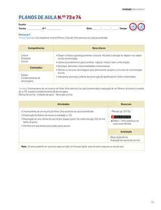 Atividades Recursos
•Visionamento de um excerto do filme Uma aventura na casa assombrada.
•Elaboração do Roteiro de leitura e oralidade, p. 132.
•Realização de uma oficina de escrita por etapas a partir do roteiro da pág. 133, em tra-
balho de pares.
•Partilha oral dos textos construídos pelos alunos1
.
− Manual, pp. 132-133.
Avaliação
Observação direta.
Avaliação da expressão escrita.
Nota: 1
Os textos poderão ser reescritos, após correção, em formato digital, antes de serem expostos na sala de aula.
55
PLANOS DE AULA N.OS
73 e 74
Escola: ______________________________________________________________________________________________________________________________________________________________________
Turma: _________________________ N.O
: ________________________ Data: _____________/_____________/_____________ Tempo:
Sumário: Visionamento de um excerto do filme Uma aventura na casa assombrada e realização de um Roteiro de leitura e oralida-
de, p. 132: espaço e comportamento de personagens.
Oficina de escrita – trabalho de pares – descrição escrita.
Competências Descritores
Leitura
Oralidade
Escrita
•Dispor-se física e psicologicamente a escutar, focando a atenção no objeto e nos objeti-
vos da comunicação.
•Utilizar procedimentos para clarificar, registar, tratar e reter a informação.
•Distinguir diferentes intencionalidades comunicativas.
•Utilizar os recursos tecnológicos para desenvolver projetos e circuitos de comunicação
escrita.
•Interpretar processos e efeitos de construção de significado em textos multimodais.
Conteúdos
Espaço
Comportamento de
personagens
Percurso 5
Textos/Tipologia: Em sequência: excerto fílmico, Cena de Uma aventura na casa assombrada.
Vídeo – Uma aventura na
casa assombrada
Unidade: Narrativa 2
 