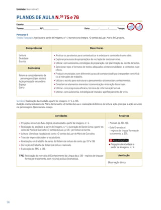 56
PLANOS DE AULA N.OS
75 e 76
Escola: ______________________________________________________________________________________________________________________________________________________________________
Turma: _________________________ N.O
: ________________________ Data: _____________/_____________/_____________ Tempo:
Sumário: Realização da atividade a partir de imagens, n.o
4, p. 135.
Audição e leitura do conto de Mário de Carvalho «O tombo da Lua» e realização do Roteiro de leitura: ação principal e ação secundá-
ria; personagens, tipos sociais, espaço.
Competências Descritores
Leitura
Oralidade
Escrita
•Analisar os paratextos para contextualizar e antecipar o conteúdo de uma obra.
•Explorar processos de apropriação e de recriação de texto narrativo.
•Utilizar, com autonomia, estratégias de preparação e de planificação da escrita de textos.
•Selecionar tipos e formatos de textos adequados a intencionalidades e contextos espe-
cíficos.
•Produzir enunciados com diferentes graus de complexidade para responder com eficá-
cia a instruções de trabalho.
•Utilizar a escrita para estruturar o pensamento e sistematizar conhecimentos.
•Caracterizar elementos inerentes à comunicação e interação discursivas.
•Utilizar, com progressiva eficácia, técnicas de reformulação textual.
•Utilizar, com autonomia, estratégias de revisão e aperfeiçoamento de texto.
Conteúdos
Relevo e comportamento de
personagens (tipos sociais)
Ação principal e secundária
Espaço
Carta
Atividades Recursos
•Projeção, através da Aula Digital, da atividade a partir de imagens, n.o
4.
•Realização da atividade a partir de imagens, n.o
4: ilustração de Daniel Lima a partir do
conto de Mário de Carvalho «O tombo da Lua», p. 135 – pré-leitura e escrita.
•Leitura silenciosa e audição do conto «O tombo da Lua» de Mário de Carvalho.
•Troca de impressões sobre o vocabulário.
•Realização, em trabalho de pares, do Roteiro de leitura do conto, pp. 137 e 138.
•Correção do trabalho de Roteiro de leitura realizado.
•Explicação do TPC, p. 139.
TPC: Realização do exercício de Conhecimento da Língua da p. 139 – registos de língua e
formas de tratamento, com recurso ao Guia Gramatical.
− Manual, pp. 134-139.
− Guia Gramatical:
registos de língua/ formas de
tratamento, p. 235.
Avaliação
Observação direta.
Percurso 6
Textos/Tipologia: Actividade a partir de imagens, n.o
4. Narrativa na íntegra, «O tombo da Lua», Mário de Carvalho.
Projeção da atividade a
partir de imagens, n.o
4
Unidade: Narrativa 2
 