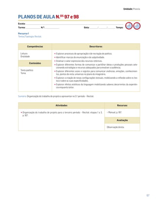 67
PLANOS DE AULA N.OS
97 e 98
Escola: ______________________________________________________________________________________________________________________________________________________________________
Turma: _________________________ N.O
: ________________________ Data: _____________/_____________/_____________ Tempo:
Sumário: Organização do trabalho de projeto a apresentar no 3.o
período – Recital.
Competências Descritores
Leitura
Oralidade
•Explorar processos de apropriação e de recriação de poético.
•Identificar marcas de enunciação e de subjetividade.
•Analisar o valor expressivo dos recursos retóricos.
•Explorar diferentes formas de comunicar e partilhar ideias e produções pessoais sele-
cionando estratégias e recursos adequados para envolver a audiência.
•Explorar diferentes vozes e registos para comunicar vivências, emoções, conhecimen-
tos, pontos de vista, universos no plano do imaginário.
•Explorar a criação de novas configurações textuais, mobilizando a reflexão sobre os tex-
tos e sobre as suas especificidades.
•Explorar efeitos estéticos da linguagem mobilizando saberes decorrentes da experiên-
cia enquanto leitor.
Conteúdos
Texto poético
Tema
Atividades Recursos
•Organização do trabalho de projeto para o terceiro período – Recital: etapas 1 a 3,
p. 167.
− Manual, p. 167.
Avaliação
Observação direta.
Percurso 1
Textos/Tipologia: Recital.
Unidade: Poesia
 
