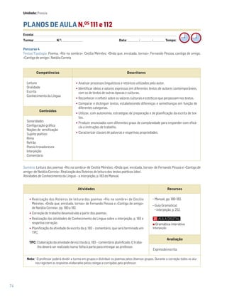 74
PLANOS DE AULA N.OS
111 e 112
Escola: ______________________________________________________________________________________________________________________________________________________________________
Turma: _________________________ N.O
: ________________________ Data: _____________/_____________/_____________ Tempo:
Sumário: Leitura dos poemas «Rio na sombra» de Cecília Meireles; «Onda que, enrolada, tornas» de Fernando Pessoa e «Cantiga de
amigo» de Natália Correia». Realização dos Roteiros de leitura dos textos poéticos lidos1
.
Atividades de Conhecimento da Língua – a interjeição, p. 183 do Manual.
Competências Descritores
Leitura
Oralidade
Escrita
Conhecimento da Língua
•Analisar processos linguísticos e retóricos utilizados pelo autor.
•Identificar ideias e valores expressos em diferentes textos de autores contemporâneos,
com os de textos de outras épocas e culturas.
•Reconhecer e refletir sobre os valores culturais e estéticos que perpassam nos textos.
•Comparar e distinguir textos, estabelecendo diferenças e semelhanças em função de
diferentes categorias.
•Utilizar, com autonomia, estratégias de preparação e de planificação da escrita de tex-
tos.
•Produzir enunciados com diferentes graus de complexidade para responder com eficá-
cia a instruções de trabalho.
•Caracterizar classes de palavras e respetivas propriedades.
Conteúdos
Sonoridades
Configuração gráfica
Noções de versificação
Sujeito poético
Rima
Refrão
Poesia trovadoresca
Interjeição
Comentário
Atividades Recursos
•Realização dos Roteiros de leitura dos poemas «Rio na sombra» de Cecília
Meireles; «Onda que, enrolada, tornas» de Fernando Pessoa e «Cantiga de amigo»
de Natália Correia», pp. 180 a 182.
•Correção do trabalho desenvolvido a partir dos poemas.
•Realização das atividades de Conhecimento da Língua sobre a interjeição, p. 183 e
respetiva correção.
•Planificação da atividade de escrita da p. 183 – comentário, que será terminada em
TPC.
TPC: Elaboração da atividade de escrita da p. 183 – comentário planificado. O traba-
lho deverá ser realizado numa folha à parte para entregar ao professor.
− Manual, pp. 180-183.
− Guia Gramatical:
interjeição, p. 252.
Avaliação
Expressão escrita.
Nota: 1
O professor poderá dividir a turma em grupos e distribuir os poemas pelos diversos grupos. Durante a correção todos os alu-
nos registam as respostas elaboradas pelos colegas e corrigidas pelo professor.
Percurso 4
Textos/Tipologia: Poema, «Rio na sombra», Cecília Meireles; «Onda que, enrolada, tornas», Fernando Pessoa; cantiga de amigo,
«Cantiga de amigo», Natália Correia.
Unidade: Poesia
Gramática interativa
Interjeição
 