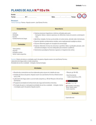 75
PLANOS DE AULA N.OS
113 e 114
Escola: ______________________________________________________________________________________________________________________________________________________________________
Turma: _________________________ N.O
: ________________________ Data: _____________/_____________/_____________ Tempo:
Sumário: Roteiro de leitura e oralidade a partir do poema «Aquela nuvem» de José Gomes Ferreira.
Laboratório de língua sobre o modo conjuntivo.
Atividade de escrita e oralidade – imitação criativa/recitação.
Competências Descritores
Leitura
Oralidade
Escrita
Conhecimento da Língua
•Analisar processos linguísticos e retóricos utilizados pelo autor.
– Comparar ideias e valores expressos em diferentes textos de autores contemporâ-
neos.
•Identificar relações, formais ou de sentido, em vários textos, abrindo redes intertextuais.
•Exprimiropiniõeseproblematizarsentidos,comoreaçãopessoalàaudiçãoouleitura.
•Assumir diferentes papéis em situações de comunicação.
•Explorar diferentes formas de comunicar e partilhar ideias e produções pessoais, sele-
cionando estratégias e recursos adequados para envolver a audiência.
•Sistematizar paradigmas flexionais regulares e irregulares dos verbos.
Conteúdos
Texto poético
Assunto
Imitação criativa
Verbo: modo conjuntivo
Atividades Recursos
•Recolha dos comentários escritos elaborados pelos alunos em trabalho de casa.
•Audição da leitura do poema «Aquela nuvem» de José Gomes Ferreira e Roteiro de lei-
tura, p. 184.
•Laboratório de língua sobre o uso do modo conjuntivo, p. 185 do Manual e 245 do Guia
Gramatical.
•Projeção da atividade de Conhecimento da Língua da Gramática interativa.
•Formação de pares e realização da atividade de escrita e oralidade – imitação criativa
e recitação a partir do poema «Aquela nuvem».
− Manual, pp. 184-185.
− Guia Gramatical:
modo conjuntivo, p. 245.
Avaliação
Expressão oral.
Percurso 4
Textos/Tipologia: Poema, «Aquela nuvem», José Gomes Ferreira.
Áudio • Faixa 17
Gramática interativa
Verbo: flexão verbal –
modo conjuntivo
Unidade: Poesia
 