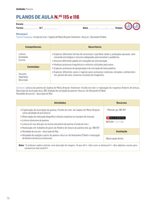 76
PLANOS DE AULA N.OS
115 e 116
Escola: ______________________________________________________________________________________________________________________________________________________________________
Turma: _________________________ N.O
: ________________________ Data: _____________/_____________/_____________ Tempo:
Sumário: Leitura do poema de Sophia de Mello Breyner Andresen «Fundo do mar» e realização do respetivo Roteiro de leitura.
Descrição da ilustração da p. 186. Audição da recitação do poema «Azul ar» de Alexandre O´Neill.
Atividade de escrita – descrição do Mar.
Competências Descritores
Leitura
Oralidade
Escrita
•Explorar diferentes formas de comunicar e partilhar ideias e produções pessoais, sele-
cionando estratégias e recursos adequados para envolver a audiência.
•Assumir diferentes papéis em situações de comunicação.
•Analisar processos linguísticos e retóricos utilizados pelo autor.
•Explorar processos de apropriação e de recriação de texto poético.
•Explorar diferentes vozes e registos para comunicar vivências, emoções, conhecimen-
tos, pontos de vista, universos no plano do imaginário.
Conteúdos
Assunto
Hipérbole
Descrição
Atividades Recursos
•Exploração da ilustração do poema «Fundo do mar» de Sophia de Mello Breyner
como atividade de pré-leitura1
.
•Observação da indicação biográfica relativa à poetisa na margem do manual.
•Leitura silenciosa do poema.
•Leitura em voz alta por um aluno voluntário do poema «Fundo do mar».
•Realização em trabalho de pares do Roteiro de leitura do poema lido, pp. 186-187.
•Atividade de escrita – descrição do Mar.
•Atividade de audição a partir do poema «Azul ar» de Alexandre O´Neill e realização
do Roteiro de leitura oralmente.
− Manual, pp. 186-187.
Avaliação
Observação direta
Nota: 1
O professor poderá solicitar uma descrição da imagem: «O que vês?»; «Que cores se destacam?»; «Que adjetivos usarias para
caracterizar este cenário?».
Percurso 4
Textos/Tipologia: «Fundo do mar», Sophia de Mello Breyner Andresen; «Azul ar», Alexandre O’Neill.
Unidade: Poesia
Áudio • Faixa 18
 
