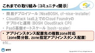 • 簡易デプロイツール(NiseBOSH、cf-nise-installer) 
• CloudStack IaaS上でのCloud Foundryの 
デプロイと運用(BOSH CloudStack CPI) 
• PaaS基盤オートスケール(bosh-scaler) 
• アプリインスタンス配置先の複数zone対応 
(zone間分散、zone指定アプリインスタンス配置) 
etc... 
Copyright©2014 
NTT 
corp. 
All 
Rights 
Reserved. 
これまでの取り組み(コミュニティ開示) 
 