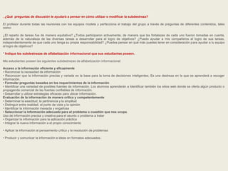 . ¿Qué preguntas de discusión le ayudará a pensar en cómo utilizar o modificar la subdestreza? 
El profesor durante todas las reuniones con los equipos modela y perfecciona el trabajo del grupo a través de preguntas de diferentes contenidos, tales 
como: 
¿El reparto de tareas fue de manera equitativa? ¿Todos participaron activamente, de manera que las fortalezas de cada uno fueron tomadas en cuenta, 
además de la naturaleza de las diversas tareas a desarrollar para el logro de objetivos? ¿Puedo ayudar a mis compañeros al logro de sus tareas, 
independientemente de que cada uno tenga su propia responsabilidad? ¿Puedes pensar en qué más puedes tener en consideración para ayudar a tu equipo 
al logro de objetivos? 
* Indique las subdestrezas de alfabetización informacional que sus estudiantes poseen. 
Mis estudiantes poseen las siguientes subdestrezas de alfabetización informacional: 
Acceso a la información eficiente y eficazmente 
• Reconocer la necesidad de información 
• Reconocer que la información precisa y variada es la base para la toma de decisiones inteligentes; Es una destreza en la que se aprenderá a escoger 
información. 
• Formular preguntas basadas en los requerimientos de la información 
• Identificar una variedad de posibles fuentes de información. Los alumnos aprenderán a Identificar también los sitios web donde se oferta algún producto o 
propaganda comercial de las fuentes confiables de información. 
• Desarrollar y utilizar estrategias eficaces para ubicar información. 
Evaluación de la información de manera crítica y competentemente 
• Determinar la exactitud, la pertinencia y la amplitud 
• Distinguir entre realidad, el punto de vista y la opinión 
• Identificar la información inexacta y engañosa 
• Seleccionar la información adecuada para el problema o cuestión que nos ocupa. 
Uso de información precisa y creativa para el asunto o problema a tratar 
• Organizar la información para la aplicación práctica 
• Integrar la nueva información a el propio conocimiento 
• Aplicar la información al pensamiento crítico y la resolución de problemas 
• Producir y comunicar la información e ideas en formatos adecuados. 
