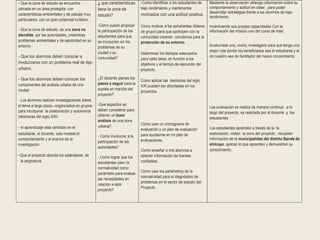 - Que la zona de estudio se encuentra 
ubicada en un área protegida, con 
características ambientales y de paisaje muy 
particulares, con un gran potencial turístico. 
- Que la zona de estudio, es una zona no 
atendida por las autoridades, creándose 
problemas ambientales y de salubridad en su 
entorno . 
- Que los alumnos deben conocer e 
involucrarse con un problema real de tipo 
urbano. 
- Que los alumnos deben conocer los 
componentes del análisis urbano de una 
ciudad. 
- Los alumnos realizan investigaciones sobre 
el tema a largo plazo,–organizados en grupos 
para Incorporar la colaboración y autonomía 
(destrezas del siglo XXI) 
- el aprendizaje esta centrado en el 
estudiante, el docente, solo modela el 
comportamiento y el avance de la 
investigación. 
-Que el proyecto aborda los estándares. de 
la asignatura. 
¿ que características 
tiene la zona de 
estudio? 
-Cómo puedo propiciar 
la participación de los 
estudiantes para que 
se involucren en los 
problemas de su 
ciudad y su 
comunidad? 
¿El docente planea los 
pasos a seguir para la 
puesta en marcha del 
proyecto? 
-Que aspectos se 
deben considerar para 
obtener un buen 
análisis de una zona 
urbana?. 
- Como involucrar a la 
participación de las 
autoridades? 
- Como lograr que los 
estudiantes usen la 
normatividad como 
parámetro para evaluar 
las necesidades en 
relación a este 
proyecto? 
-Como identificar a los estudiantes de 
bajo rendimiento y mantenerlos 
motivados con una actitud positiva. 
Como motivar a los estudiantes (líderes 
de grupo) para que participen con la 
comunidad creando conciencia para la 
protección de su entorno. 
Determinar los tiempos adecuados 
para cada tarea, en función a los 
objetivos y al tiempo de ejecución del 
proyecto. 
Como aplicar las destrezas del siglo 
XXI pueden ser abordadas en los 
proyectos. 
Como usar un cronograma de 
evaluación y un plan de evaluación 
para ayudarme en mi plan de 
evaluaciones. 
Como enseñar a mis alumnos a 
obtener información de fuentes 
confiables. 
Como usar los parámetros de la 
normatividad para el diagnóstico de 
problemas en el sector de estudio del 
Proyecto 
Mediante la observación obtengo información sobre su 
comportamiento y actitud en clase , para poder 
desarrollar estrategias frente a los alumnos de bajo 
rendimiento 
Incentivando sus propias capacidades Con la 
información del módulo uno del curso de Intel. 
Involucrase uno, vivirlo, investigarlo para que tenga una 
mejor ruta donde los beneficiados sea el estudiante y el 
rol nuestro sea de facilitador del nuevo conocimiento. 
Las evaluación se realiza de manera continua , a lo 
largo del proyecto, es realizada por el docente ,y los 
estudiantes 
Los estudiantes aprenden a través de la la 
exploración, visitan la zona del proyecto , recopilan 
información de la municipalidad del distrito Banda de 
shilcayo, aplican lo que aprenden y demuestran su 
conocimiento. 
 