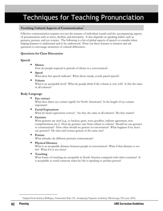 Planning42 LINC Curriculum Guidelines
Techniques for Teaching Pronunciation
Teaching Cultural Aspects of Communication
1
Effective communication requires not just the mastery of individual sounds and the accompanying aspects
of pronunciation such as stress, rhythm, and intonation. It also depends on speaking habits such as
gestures, posture, and eye contact. The following is a list of global aspects of speech to consider when
helping learners to understand and to be understood. Point out these features to learners and ask
questions to encourage awareness of cultural differences.
Questions for Class Discussion
Speech
• Silence
How do people respond to periods of silence in a conversation?
• Speed
What does fast speech indicate? What about steady, evenly paced speech?
• Volume
What is an acceptable level? What do people think if the volume is very soft? Is this the same
in all cultures?
Body Language
• Eye contact
What does direct eye contact signify for North Americans? Is the length of eye contact
important?
• Facial Expressions
What do facial expressions convey? Are they the same in all cultures? Do they matter?
• Gestures
What gestures are used (e.g., to beckon, greet, wave goodbye, indicate agreement, non-
comprehension, etc.)? How do gestures vary from culture to culture? Should we use gestures
to communicate? How often should we gesture in conversation? What happens if we don’t
use gestures? Do men and women gesture in the same way?
• Posture
What attitudes do different postures communicate?
• Physical Distance
What is an acceptable distance between people in conversation? What if that distance is too
far? What if it is too close?
• Touching
What forms of touching are acceptable in North America compared with other countries? Is
it acceptable to touch someone when he/she is speaking to another person?
1
Adapted from Kathryn Brillinger, Pronunciation Rules: The Accompanying Pragmatics workshop (Mississauga, ON, June 2001).
 