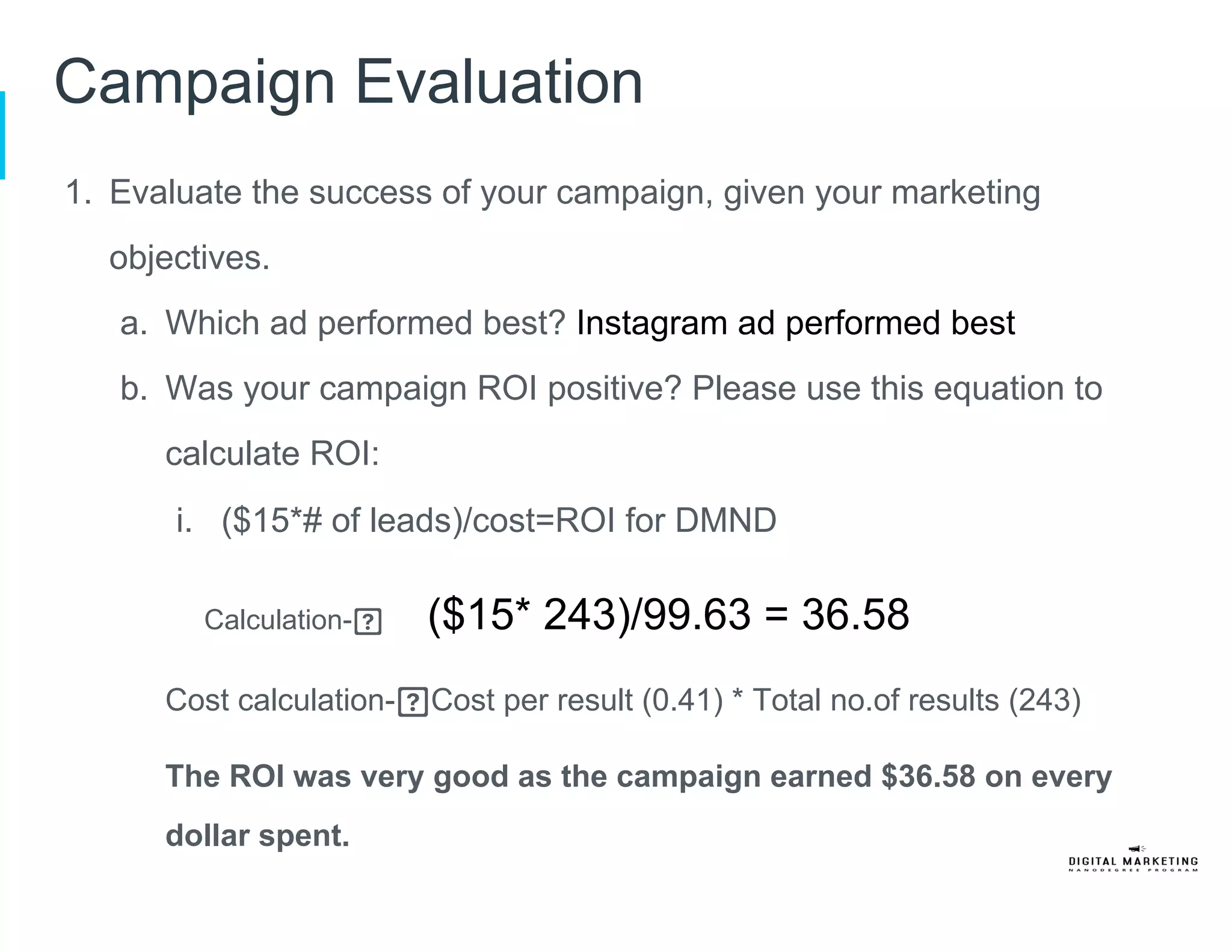Campaign Evaluation
1.  Evaluate the success of your campaign, given your marketing
objectives.
a.  Which ad performed best? Instagram ad performed best
b.  Was your campaign ROI positive? Please use this equation to
calculate ROI:
i.  ($15*# of leads)/cost=ROI for DMND
Calculation- ($15* 243)/99.63 = 36.58
Cost calculation- Cost per result (0.41) * Total no.of results (243)
The ROI was very good as the campaign earned $36.58 on every
dollar spent.
 