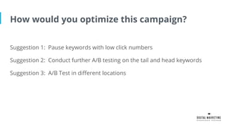 How would you optimize this campaign?
Suggestion 1: Pause keywords with low click numbers
Suggestion 2: Conduct further A/B testing on the tail and head keywords
Suggestion 3: A/B Test in different locations
 