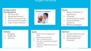 Target Persona
Target Persona
Background &
Demographics
1. 30 Years Old
2. Marketing Director
3. Works at a upcoming
start-up tech company
4. Lives in San Francisco
Hobbies
1. Blogging
2. Digital Art
3. Gaming
Barriers
1. Travels often for work
2. Works long hours
3. Relocating to San
Francisco
Needs
1. Needs Guidance on
Advertising
2. A flexible
comprehensive guide
3. All Social Media
platforms
4. Effective Strategies
Thomas Ecapsym
Goals
1. Build Technical Marketing
Skills
2. Build Personal Brand
3. Start a small business
4. Get up to speed with younger
marketers
5. Increase virality of posts and
products
 