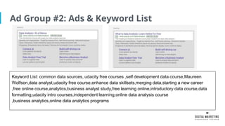 Ad Group #2: Ads & Keyword List
Keyword List: common data sources, udacity free courses ,self development data course,Maureen
Wolfson,data analyst,udacity free course,enhance data skillsets,merging data,starting a new career
,free online course,analytics,business analyst study,free learning online,introductory data course,data
formatting,udacity intro courses,independent learning,online data analysis course
,business analytics,online data analytics programs
 