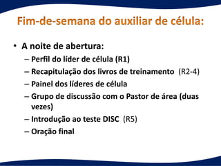 • A noite de abertura:
– Perfil do líder de célula (R1)
– Recapitulação dos livros de treinamento (R2-4)
– Painel dos líderes de célula
– Grupo de discussão com o Pastor de área (duas
vezes)
– Introdução ao teste DISC (R5)
– Oração final
 