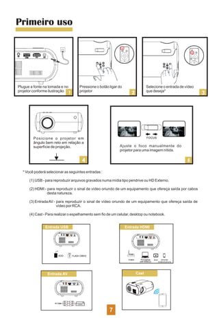 Primeiro uso
Plugue a fonte na tomada e no
projetor conforme ilustração
Pressione o botão ligar do
projetor
Selecione o entrada de vídeo
que deseja*
* Você poderá selecionar as seguintes entradas :
(1) USB - para reproduzir arquivos gravados numa mídia tipo pendrive ou HD Externo.
(2) HDMI - para reproduzir o sinal de vídeo oriundo de um equipamento que ofereça saída por cabos
desta natureza.
(3) EntradaAV - para reproduzir o sinal de vídeo oriundo de um equipamento que ofereça saída de
vídeo por RCA.
(4) Cast - Para realizar o espelhamento sem ﬁo de um celular, desktop ou notebook.
Posicione o projetor em
ângulo bem reto em relação a
superfície de projeção. Ajuste o foco manualmente do
projetor para uma imagem nítida.
Entrada USB Entrada HDMI
Entrada AV Cast
7
 