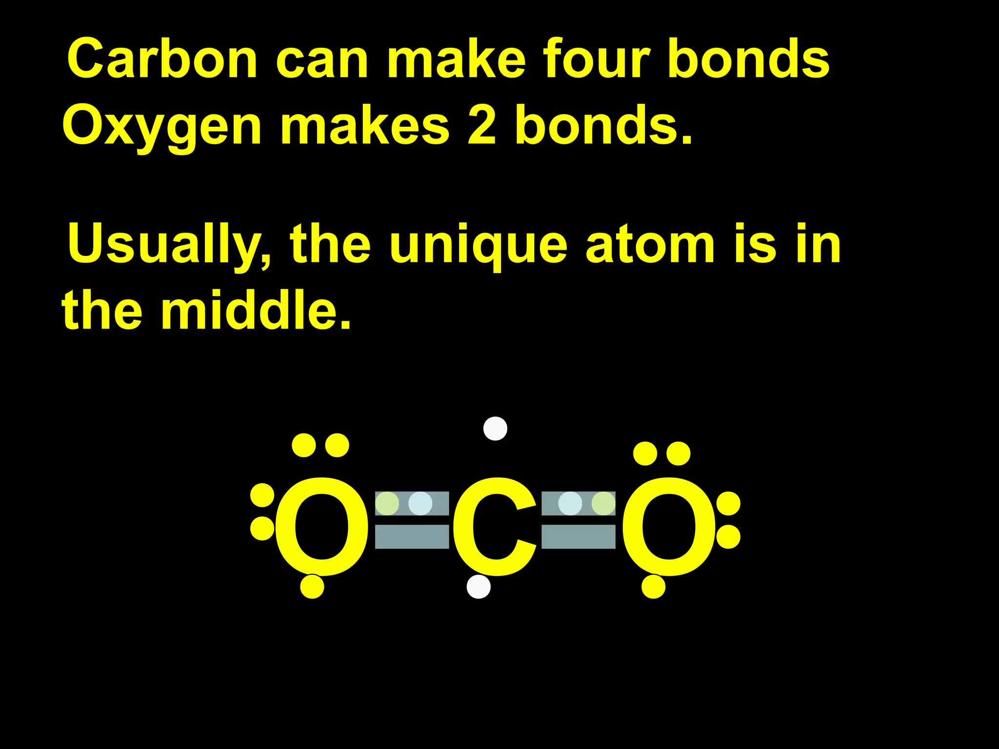 Carbon can make four bonds Oxygen makes 2 bonds. Usually, the unique atom is in the middle. O  C  O 