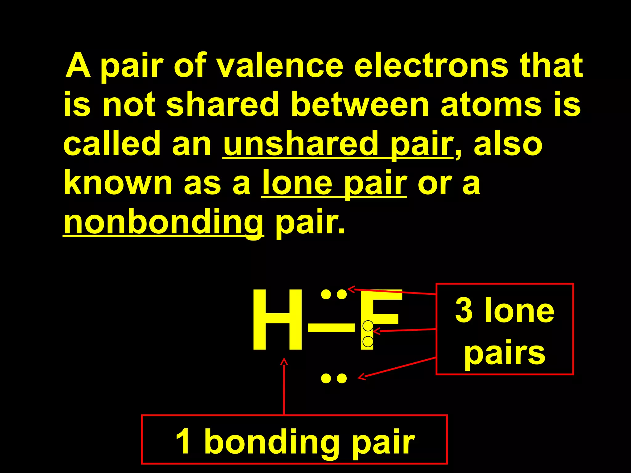 A pair of valence electrons that is not shared between atoms is called an  unshared pair , also known as a  lone pair  or a  nonbonding  pair. H–F 3 lone pairs 1 bonding pair 