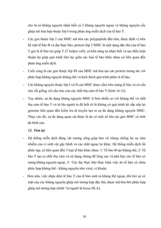 cho là có kháng nguyên nhận biết cả 2 kháng nguyên ngoại và kháng nguyên cấy
ghép mô hòa hợp thuộc lớp I trong phản ứng miễn dịch của tế bào T.
- Các gen thuộc lớp 2 của MHC mã hóa các polypeptide đầu tiên, được định vị trên
bề mặt tế bào B và đại thực bào, protein lớp 2 MHC là một dạng đặc thù của tế bào
T gọi là tế bào trợ giúp T (T helper cell), có khả năng tự nhận biết và tạo điều kiện
thuận lợi giúp quá trình liên lạc giữa các loại tế bào khác nhau có liên quan đến
phản ứng miễn dịch.
- Cuối cùng là các gen thuộc lớp III của MHC mã hóa tạo các protein tương tác với
phức hợp kháng nguyên kháng thể và kích thích quá trình phân rã tế bào.
- Các kháng nguyên thuộc lớp I và II của MHC được cắm trên màng tế bào và có cấu
trúc rất giống với cấu trúc của các chất thụ cảm tế bào T (hình 16.12).
- Tuy nhiên, sự đa dạng kháng nguyên MHC ít hơn nhiều so với kháng thể và chất
thụ cảm tế bào T và từ lâu người ta đã biết rõ là không có quá trình tái sắp xếp lại
genome liên quan đến kiểm tra di truyền tạo ra sự đa dạng kháng nguyên MHC.
Thay vào đó, sự đa dạng quan sát được là do có một số lớn các gen MHC có tính
đa hình cao.
12. Tóm lại
- Hệ thống miễn dịch động vật xương sống giúp bảo vệ chúng chống lại sự xâm
nhiễm của vi sinh vật gây bệnh và các chất ngoại lai khác. Hệ thống miễn dịch rất
phức tạp, có liên quan đến 3 loại tế bào khác nhau: 1/ Tế bào B tạo kháng thể, 2/ Tế
bào T tạo ra chất thụ cảm và sử dụng chúng để lùng sục và phá hủy các tế bào có
mang kháng nguyên ngoại, 3/ Các đại thực bào thực hiện việc ăn tế bào có chứa
phức hợp kháng thể - kháng nguyên như virut, vi khuẩn.
- Hơn nữa, việc nhận diện tế bào T của tế bào sinh ra kháng thể ngoại, đòi hỏi sự có
mặt của các kháng nguyên ghép mô tương hợp đặc thù, được mã hóa bởi phức hợp
ghép mô tương hợp chính “(ở người là locus HLA).
30
 