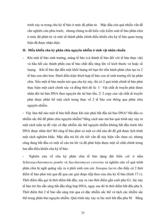 trình xảy ra trong chu kỳ tế bào ở mức độ phân tử. Mặc dầu còn quá nhiều vấn đề
cần nghiên cứu phía trước, nhưng chúng ta đã hiểu việc kiểm soát tế bào phân chia
ở mức độ phân tử và một số thành phần chính điều khiển chu kỳ tế bào quan trọng
hiện đã được nhận diện.
II. Điều khiển chu kỳ phân chia nguyên nhiễm ở sinh vật nhân chuẩn
- Khi một tế bào sinh trưởng, màng tế bào (và thành tế bào đối với tế bào thực vật)
và hầu hết các thành phần của tế bào chất đều tăng lên về kích thước và hoặc số
lượng. Khi tế bào đạt đến một khối lượng tới hạn thì tiến hành phân chia tạo ra 2
tế bào con nhỏ hơn. Dưới điều kiện thích hợp tế bào con sẽ sinh trưởng rồi lại phân
chia. Nếu một tế bào muốn trải qua chu kỳ này, thì có 2 quá trình chính tế bào phải
thực hiện một cách chính xác và đồng thời đó là: 1/ Vật chất di truyền phải được
nhân đôi tái bản DNA theo nguyên tắc tái bảo tồn, 2/ 2 copy của vật chất di truyền
phải được phân bố một cách trung thực về 2 tế bào con thông qua phân chia
nguyên nhiễm.
- Vậy làm thế nào một tế bào biết được khi nào phải bắt đầu tái bảo DNA? bắt đầu co
nhiễm sắc thể để phân chia nguyên nhiễm? bằng cách nào mà hai quá trình này xảy ra
một cách tuần tự để việc cô đặc nhiễm sắc thể nguyên nhiễm không bắt đầu trước khi
DNA được nhân lên? Rõ ràng tế bào phải có một cơ chế nào đó để giữ được lịch trình
một cách nghiêm khắc. Mặc dầu trả lời chi tiết vấn đề này hiện vẫn chưa có, nhưng
cũng đang bắt đầu có một số câu trả lời và đã phát hiện được một số chất chính trong
lưu dẫn điều khiển chu kỳ tế bào.
- Nghiên cứu về chu kỳ phân chia tế bào dạng đột biến cdc ở nấm
Schizosaccharomyces pombe và Saccharomyces cerevisia và nghiên cứu về quá trình
phân chia bị ngắt quãng xẩy ra ở phôi sinh con cóc Xenopus lacvis cho thấy có 2 thời
điểm tế bào phải trải qua để qua các giai đoạn tiếp theo của chu kỳ tế bào (hình 17.1).
Thời điểm đầu gọi là thời điểm bắt đầu, xảy ra vào thời điểm gần cuối pha G1, lúc này
tế bào trở lên sẵn sàng bắt đầu tổng hợp DNA, ngay sau đó là thời điểm bắt đầu pha S.
Thời điểm thứ 2 tế bào sẵn sàng trải qua cô đặc nhiễm sắc thể và tách các nhiễm sắc
thể trong phân bào nguyên nhiễm. Quá trình này xảy ra lúc mới bắt đầu pha M. Bằng
35
 