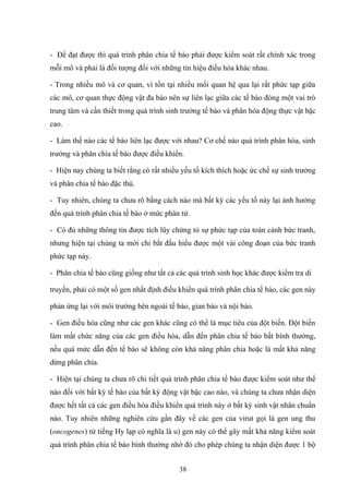- Để đạt được thì quá trình phân chia tế bào phải được kiểm soát rất chính xác trong
mỗi mô và phải là đối tượng đối với những tín hiệu điều hòa khác nhau.
- Trong nhiều mô và cơ quan, vì tồn tại nhiều mối quan hệ qua lại rất phức tạp giữa
các mô, cơ quan thực động vật đa bào nên sự liên lạc giữa các tế bào đóng một vai trò
trung tâm và cần thiết trong quá trình sinh trưởng tế bào và phân hóa động thực vật bậc
cao.
- Làm thế nào các tế bào liên lạc được với nhau? Cơ chế nào quá trình phân hóa, sinh
trưởng và phân chia tế bào được điều khiển.
- Hiện nay chúng ta biết rằng có rất nhiều yếu tố kích thích hoặc ức chế sự sinh trưởng
và phân chia tế bào đặc thù.
- Tuy nhiên, chúng ta chưa rõ bằng cách nào mà bất kỳ các yếu tố này lại ảnh hưởng
đến quá trình phân chia tế bào ở mức phân tử.
- Có đủ những thông tin được tích lũy chứng tỏ sự phức tạp của toàn cảnh bức tranh,
nhưng hiện tại chúng ta mới chỉ bắt đầu hiểu được một vài công đoạn của bức tranh
phức tạp này.
- Phân chia tế bào cũng giống như tất cả các quá trình sinh học khác được kiểm tra di
truyền, phải có một số gen nhất định điều khiển quá trình phân chia tế bào, các gen này
phản ứng lại với môi trường bên ngoài tế bào, gian bào và nội bào.
- Gen điều hòa cũng như các gen khác cũng có thể là mục tiêu của đột biến. Đột biến
làm mất chức năng của các gen điều hòa, dẫn đến phân chia tế bào bất bình thường,
nếu quá mức dẫn đến tế bào sẽ không còn khả năng phân chia hoặc là mất khả năng
dừng phân chia.
- Hiện tại chúng ta chưa rõ chi tiết quá trình phân chia tế bào được kiểm soát như thế
nào đối với bất kỳ tế bào của bất kỳ động vật bậc cao nào, và chúng ta chưa nhận diện
được hết tất cả các gen điều hòa điều khiển quá trình này ở bất kỳ sinh vật nhân chuẩn
nào. Tuy nhiên những nghiên cứu gần đây về các gen của virut gọi là gen ung thu
(oncogenes) từ tiếng Hy lạp có nghĩa là u) gen này có thể gây mất khả năng kiểm soát
quá trình phân chia tế bào bình thường nhờ đó cho phép chúng ta nhận diện được 1 bộ
38
 