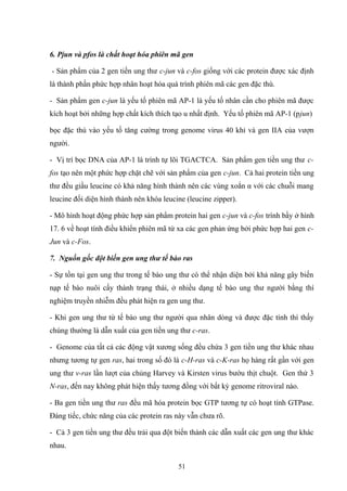 6. Pjun và pfos là chất hoạt hóa phiên mã gen
- Sản phẩm của 2 gen tiền ung thư c-jun và c-fos giống với các protein được xác định
là thành phần phức hợp nhân hoạt hóa quá trình phiên mã các gen đặc thù.
- Sản phẩm gen c-jun là yếu tố phiên mã AP-1 là yếu tố nhân cần cho phiên mã được
kích hoạt bởi những hợp chất kích thích tạo u nhất định. Yếu tố phiên mã AP-1 (pjun)
bọc đặc thù vào yếu tố tăng cường trong genome virus 40 khỉ và gen IIA của vượn
người.
- Vị trí bọc DNA của AP-1 là trình tự lõi TGACTCA. Sản phẩm gen tiền ung thư c-
fos tạo nên một phức hợp chặt chẽ với sản phẩm của gen c-jun. Cả hai protein tiền ung
thư đều giầu leucine có khả năng hình thành nên các vùng xoắn α với các chuỗi mang
leucine đối diện hình thành nên khóa leucine (leucine zipper).
- Mô hình hoạt động phức hợp sản phẩm protein hai gen c-jun và c-fos trình bầy ở hình
17. 6 về hoạt tính điều khiển phiên mã từ xa các gen phản ứng bởi phức hợp hai gen c-
Jun và c-Fos.
7. Nguồn gốc đột biến gen ung thư tế bào ras
- Sự tồn tại gen ung thư trong tế bào ung thư có thể nhận diện bởi khả năng gây biến
nạp tế bào nuôi cấy thành trạng thái, ở nhiều dạng tế bào ung thư người bằng thí
nghiệm truyền nhiễm đều phát hiện ra gen ung thư.
- Khi gen ung thư từ tế bào ung thư người qua nhân dòng và được đặc tính thì thấy
chúng thường là dẫn xuất của gen tiền ung thư c-ras.
- Genome của tất cả các động vật xương sống đều chứa 3 gen tiền ung thư khác nhau
nhưng tương tự gen ras, hai trong số đó là c-H-ras và c-K-ras họ hàng rất gần với gen
ung thư v-ras lần lượt của chủng Harvey và Kirsten virus bướu thịt chuột. Gen thứ 3
N-ras, đến nay không phát hiện thấy tương đồng với bất kỳ genome ritroviral nào.
- Ba gen tiền ung thư ras đều mã hóa protein bọc GTP tương tự có hoạt tính GTPase.
Đáng tiếc, chức năng của các protein ras này vẫn chưa rõ.
- Cả 3 gen tiền ung thư đều trải qua đột biến thành các dẫn xuất các gen ung thư khác
nhau.
51
 