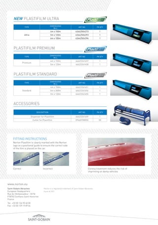 NEW PLASTIFILM ULTRA 
TYPE DIMENSIONS 
PLASTIFILM PREMIUM 
TYPE DIMENSIONS 
www.norton.eu 
Saint-Gobain Abrasives 
European Headquarters 
Rue de l’Ambassadeur - B.P.8 
F78702 Conflans-Saint-Honorine 
France 
Tel: +33 (0) 134 90 40 00 
Fax: +33 (0) 139 19 89 56 
WxL ART NO. PK QTY 
Norton is a registered trademark of Saint-Gobain Abrasives. 
Form # 2757 
Premium 
4m x 150m 66623341457 1 
5m x 120m 66623341458 1 
PLASTIFILM STANDARD 
ACCESSORIES 
WxL ART NO. PK QTY 
Ultra 
4m x 150m 63642504273 1 
5m x 120m 63642504393 1 
6m x 100m 63642504396 1 
TYPE DIMENSIONS 
WxL ART NO. PK QTY 
Standard 
4m x 150m 66623341451 1 
4m x 300m 66623341454 1 
5m x 120m 66623341455 1 
DESCRIPTION ART NO. PK QTY 
Dispenser for Plastifilm 66623341459 1 
Cutter for Plastifilm 07660708055 50 
FITTING INSTRUCTIONS 
Norton Plastfilm is clearly marked with the Norton 
logo as a positional guide to ensure the correct side 
of the film is placed on the car. 
Correct Incorrect Corona treatment reduces the risk of 
imprinting on damp vehicles 
