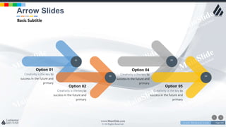 w w w . D o m a i n . c o m Page 102
www.MainSlide.com
© All Rights Reserved.
Confidential
Arrow Slides
Basic Subtitle
Creativity is the key to
success in the future and
primary
Option 01
Creativity is the key to
success in the future and
primary
Option 05
Creativity is the key to
success in the future and
primary
Option 04
Creativity is the key to
success in the future and
primary
Option 02
01
02
03
04
 