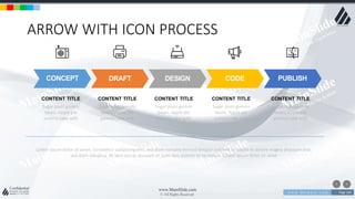 w w w . D o m a i n . c o m Page 104
www.MainSlide.com
© All Rights Reserved.
Confidential
ARROW WITH ICON PROCESS
CONCEPT DRAFT DESIGN CODE PUBLISH
Sugar plum gummi
bears. Apple pie
yummy cake with
CONTENT TITLE
Sugar plum gummi
bears. Apple pie
yummy cake with
CONTENT TITLE
Sugar plum gummi
bears. Apple pie
yummy cake with
CONTENT TITLE
Sugar plum gummi
bears. Apple pie
yummy cake with
CONTENT TITLE
Sugar plum gummi
bears. Apple pie
yummy cake with
CONTENT TITLE
Lorem ipsum dolor sit amet, consetetur sadipscing elitr, sed diam nonumy eirmod tempor invidunt ut labore et dolore magna aliquyam erat,
sed diam voluptua. At vero eos et accusam et justo duo dolores et ea rebum. Lorem ipsum dolor sit amet
 