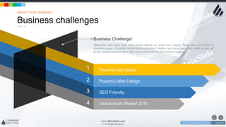 w w w . D o m a i n . c o m Page 142
www.MainSlide.com
© All Rights Reserved.
Confidential
Business challenges
ABOUT OUR COMPANY
Powerful Ads Media
Powerful Web Design
SEO Friendly
Global Asian Market 2015
1
2
3
4
Maecenas sed diam eget risus varius blandit sit amet non magna. Nulla vitae elit libero, a
pharetra augue. Curabitur blandit tempus porttitor. Nullam quis risus eget urna mollis ornare vel
eu leo. Maecenas sed diam eget risus varius blandit sit amet non magna.
Business Challenge!
 