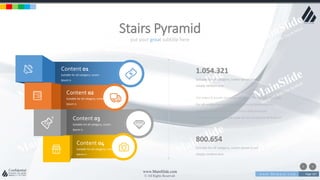 w w w . D o m a i n . c o m Page 167
www.MainSlide.com
© All Rights Reserved.
Confidential
put your great subtitle here
Stairs Pyramid
Content 01
Suitable for all category, Lorem
Ipsum is
Content 02
Suitable for all category, Lorem
Ipsum is
Content 03
Suitable for all category, Lorem
Ipsum is
Content 04
Suitable for all category, Lorem
Ipsum is
1.054.321
Suitable for all category, Lorem Ipsum is not
simply random text.
800.654
Suitable for all category, Lorem Ipsum is not
simply random text.
For every 6 emails received, we get 3 Phone calls. Suitable
for all categories business and personal presentation,
Suitable for all categories business and personal
presentation, eaque ipsa quae ab illo inventore veritatis et
quasi
 