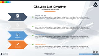 w w w . D o m a i n . c o m Page 29
www.MainSlide.com
© All Rights Reserved.
Confidential
Chevron List-SmartArt
This is example for a subtitle
Sample Title Text
Lorem Ipsum is simply dummy text of the printing and setting industry. Lorem Ipsum has been the industry's
standard dummy text ever since the 1500s, when an unknown printer took a galley of and scrambled it to make.
Sample Title Text
Lorem Ipsum is simply dummy text of the printing and setting industry. Lorem Ipsum has been the industry's
standard dummy text ever since the 1500s, when an unknown printer took a galley of and scrambled it to make.
Sample Title Text
Lorem Ipsum is simply dummy text of the printing and setting industry. Lorem Ipsum has been the industry's
standard dummy text ever since the 1500s, when an unknown printer took a galley of and scrambled it to make.
Sample Title Text
Lorem Ipsum is simply dummy text of the printing and setting industry. Lorem Ipsum has been the industry's
standard dummy text ever since the 1500s, when an unknown printer took a galley of and scrambled it to make.
Brainstorm
Conceptualization
Proposal
Revisions
 