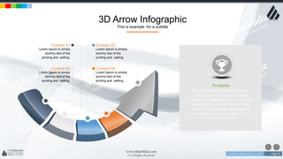 w w w . D o m a i n . c o m Page 55
www.MainSlide.com
© All Rights Reserved.
Confidential
3D Arrow Infographic
This is example for a subtitle
Content 01
Lorem Ipsum is simply
dummy text of the
printing and setting.
Content 03
Lorem Ipsum is simply
dummy text of the
printing and setting.
Content 02
Lorem Ipsum is simply
dummy text of the
printing and setting.
Content 04
Lorem Ipsum is simply
dummy text of the
printing and setting.
Analysis
Body text here or Lorem Ipsum is simply
dummy text of the printing and setting
industry. Lorem Ipsum has been the industry's
standard dummy text ever since the 1500s,
when an unknown printer took a galley of
and scrambled it to make a specimen book.
It has survived not only .
 
