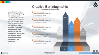w w w . D o m a i n . c o m Page 57
www.MainSlide.com
© All Rights Reserved.
Confidential
Creative Bar Infographic
This is example for a subtitle
EA B C D
85%
60%
45%
40%
70%
Lorem Ipsum is simply
dummy text of the printing
and setting industry.
Lorem Ipsum has been the
industry's standard dummy
text ever since the 1500s,
when an unknown printer
took a galley of and
scrambled it to make a
specimen book. It has
survived not only five
centuries, but also the leap
into electronic setting,
remaining essentially
unchanged. It was
popularised .
Business Strategy
Lorem Ipsum is simply dummy text
of the printing and setting.
Content Strategy
Lorem Ipsum is simply dummy text
of the printing and setting.
Concept and Idea
Lorem Ipsum is simply dummy text
of the printing and setting.
Data Analysis
Lorem Ipsum is simply dummy text
of the printing and setting.
Tablet Application
Lorem Ipsum is simply dummy text
of the printing and setting.
 
