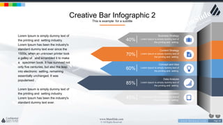 w w w . D o m a i n . c o m Page 58
www.MainSlide.com
© All Rights Reserved.
Confidential
Creative Bar Infographic 2
This is example for a subtitle
Lorem Ipsum is simply dummy text of
the printing and setting industry.
Lorem Ipsum has been the industry's
standard dummy text ever since the
1500s, when an unknown printer took
a galley of and scrambled it to make
a specimen book. It has survived not
only five centuries, but also the leap
into electronic setting, remaining
essentially unchanged. It was
popularised .
Lorem Ipsum is simply dummy text of
the printing and setting industry.
Lorem Ipsum has been the industry's
standard dummy text ever.
Business Strategy
Lorem Ipsum is simply dummy text of
the printing and setting.
40%
Content Strategy
Lorem Ipsum is simply dummy text of
the printing and setting.
70%
Concept and Idea
Lorem Ipsum is simply dummy text of
the printing and setting.
60%
Data Analysis
Lorem Ipsum is simply dummy text of
the printing and setting.
85%
Tablet Application
Lorem Ipsum is simply dummy text of
the printing and setting.
45%
 
