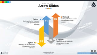 w w w . D o m a i n . c o m Page 74
www.MainSlide.com
© All Rights Reserved.
Confidential
01
02
03 04 Option 4
Creativity is the key to success
in the great and primary
education
Option 2
Creativity is the key to success
in the great and primary
education
Option 1
Creativity is the key to success
in the great and primary
education
Option 3
Creativity is the key to success
in the great and primary
education
F e a t u r e s S l i d e s
Arrow Slides
 