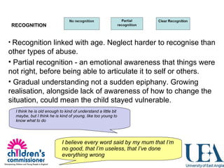 • Recognition linked with age. Neglect harder to recognise than 
other types of abuse.
• Partial recognition - an emotional awareness that things were 
not right, before being able to articulate it to self or others. 
• Gradual understanding not a sudden epiphany. Growing 
realisation, alongside lack of awareness of how to change the 
situation, could mean the child stayed vulnerable.
RECOGNITION
I think he is old enough to kind of understand a little bit
maybe, but I think he is kind of young, like too young to
know what to do
I believe every word said by my mum that I’m
no good, that I’m useless, that I’ve done
everything wrong
 
