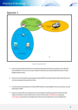 4
-Práctica 8 Servicios
DNS DHCP -
Ejercicio 1:
Imagen 1: Esquema de Red
 Lo primeroque debemosde haceresinstalarlasdosmáquinastantoenwindowsserver2012 R2
como tambiénel unLinux,enmi caso instalaré unUbuntu,peroambosdebende estarenmodo
bridge (modo puente).
 Lo primeroserácomprobar que tengamoslaparte DHCP Levantadolaparte LAN, haciendounpina
sí mismoy despuésala puertade enlace.
 A continuación comprobamosel servidorDHCPyDNScon (ipconfig/all!more) y vemosque yaestá
habilitadoel DHCP.
 Vamosa la parte LAN y lacambiamosla IP,poniéndolaenestáticayponemosla172.31.0.1/16,
luegoreiniciamosel routeryabriremosel cmdy escribiremos ipconfig/release ydespués
ipconfig/renewparaborrar laconfiguraciónanterioryque se guarde la nuevaconfiguración.
 