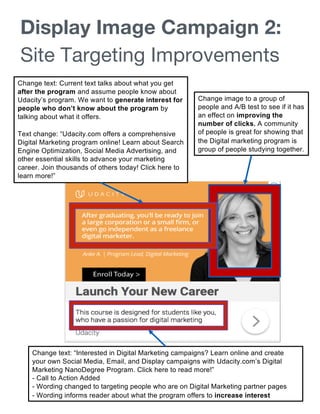 Display Image Campaign 2:
Site Targeting Improvements
Change image to a group of
people and A/B test to see if it has
an effect on improving the
number of clicks. A community
of people is great for showing that
the Digital marketing program is
group of people studying together.
Change text: “Interested in Digital Marketing campaigns? Learn online and create
your own Social Media, Email, and Display campaigns with Udacity.com’s Digital
Marketing NanoDegree Program. Click here to read more!”
- Call to Action Added
- Wording changed to targeting people who are on Digital Marketing partner pages
- Wording informs reader about what the program offers to increase interest
Change text: Current text talks about what you get
after the program and assume people know about
Udacity’s program. We want to generate interest for
people who don’t know about the program by
talking about what it offers.
Text change: “Udacity.com offers a comprehensive
Digital Marketing program online! Learn about Search
Engine Optimization, Social Media Advertising, and
other essential skills to advance your marketing
career. Join thousands of others today! Click here to
learn more!”
 