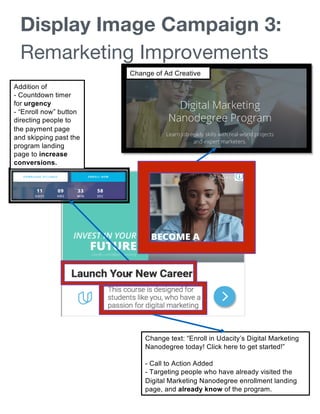 Display Image Campaign 3:
Remarketing Improvements
Change text: “Enroll in Udacity’s Digital Marketing
Nanodegree today! Click here to get started!”
- Call to Action Added
- Targeting people who have already visited the
Digital Marketing Nanodegree enrollment landing
page, and already know of the program.
v
Change of Ad Creative
Addition of
- Countdown timer
for urgency
- “Enroll now” button
directing people to
the payment page
and skipping past the
program landing
page to increase
conversions.
v
 