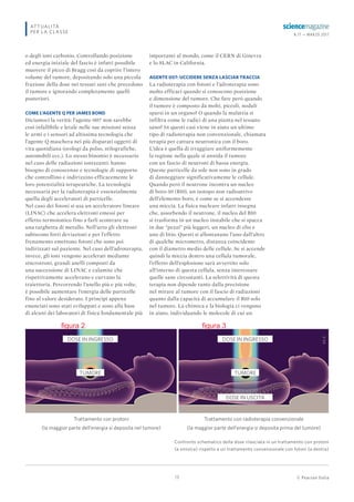© Pearson Italia
N.17 — MARZO 2017
19
ATTUALITÀ
PER LA CLASSE
importanti al mondo, come il CERN di Ginevra
e lo SLAC in California.
AGENTE 007: UCCIDERE SENZA LASCIAR TRACCIA
La radioterapia con fotoni e l’adroterapia sono
molto efficaci quando si conoscono posizione
e dimensione del tumore. Che fare però quando
il tumore è composto da molti, piccoli, noduli
sparsi in un organo? O quando la malattia si
infiltra come le radici di una pianta nel tessuto
sano? In questi casi viene in aiuto un ultimo
tipo di radioterapia non convenzionale, chiamata
terapia per cattura neutronica con il boro.
L’idea è quella di irraggiare uniformemente
la regione nella quale si annida il tumore
con un fascio di neutroni di bassa energia.
Queste particelle da sole non sono in grado
di danneggiare significativamente le cellule.
Quando però il neutrone incontra un nucleo
di boro-10 (B10), un isotopo non radioattivo
dell’elemento boro, è come se si accendesse
una miccia. La fisica nucleare infatti insegna
che, assorbendo il neutrone, il nucleo del B10
si trasforma in un nucleo instabile che si spacca
in due “pezzi” più leggeri, un nucleo di elio e
uno di litio. Questi si allontanano l’uno dall’altro
di qualche micrometro, distanza coincidente
con il diametro medio delle cellule. Se si accende
quindi la miccia dentro una cellula tumorale,
l’effetto dell’esplosione sarà avvertito solo
all’interno di questa cellula, senza interessare
quelle sane circostanti. La selettività di questa
terapia non dipende tanto dalla precisione
nel mirare al tumore con il fascio di radiazioni
quanto dalla capacità di accumulare il B10 solo
nel tumore. La chimica e la biologia ci vengono
in aiuto, individuando le molecole di cui un
Confronto schematico della dose rilasciata in un trattamento con protoni
(a sinistra) rispetto a un trattamento convenzionale con fotoni (a destra)
©C-C
o degli ioni carbonio. Controllando posizione
ed energia iniziale del fascio è infatti possibile
muovere il picco di Bragg così da coprire l’intero
volume del tumore, depositando solo una piccola
frazione della dose nei tessuti sani che precedono
il tumore e ignorando completamente quelli
posteriori.
COME L’AGENTE Q PER JAMES BOND
Diciamoci la verità: l’agente 007 non sarebbe
così infallibile e letale nelle sue missioni senza
le armi e i sensori ad altissima tecnologia che
l’agente Q maschera nei più disparati oggetti di
vita quotidiana (orologi da polso, stilografiche,
automobili ecc.). Lo stesso binomio è necessario
nel caso delle radiazioni ionizzanti: hanno
bisogno di conoscenze e tecnologie di supporto
che controllino e indirizzino efficacemente le
loro potenzialità terapeutiche. La tecnologia
necessaria per la radioterapia è essenzialmente
quella degli acceleratori di particelle.
Nel caso dei fotoni si usa un acceleratore lineare
(LINAC) che accelera elettroni emessi per
effetto termoionico fino a farli scontrare su
una targhetta di metallo. Nell’urto gli elettroni
subiscono forti deviazioni e per l’effetto
frenamento emettono fotoni che sono poi
indirizzati sul paziente. Nel caso dell’adroterapia,
invece, gli ioni vengono accelerati mediante
sincrotroni, grandi anelli composti da
una successione di LINAC e calamite che
rispettivamente accelerano e curvano la
traiettoria. Percorrendo l’anello più e più volte,
è possibile aumentare l’energia delle particelle
fino al valore desiderato. I princìpi appena
enunciati sono stati sviluppati e sono alla base
di alcuni dei laboratori di fisica fondamentale più
DOSE IN INGRESSO
Trattamento con protoni
(la maggior parte dell'energia si deposita nel tumore)
Trattamento con radioterapia convenzionale
(la maggior parte dell'energia si deposita prima del tumore)
DOSE IN INGRESSO
DOSE IN USCITA
TUMORE TUMORE
figura 2 figura 3
 