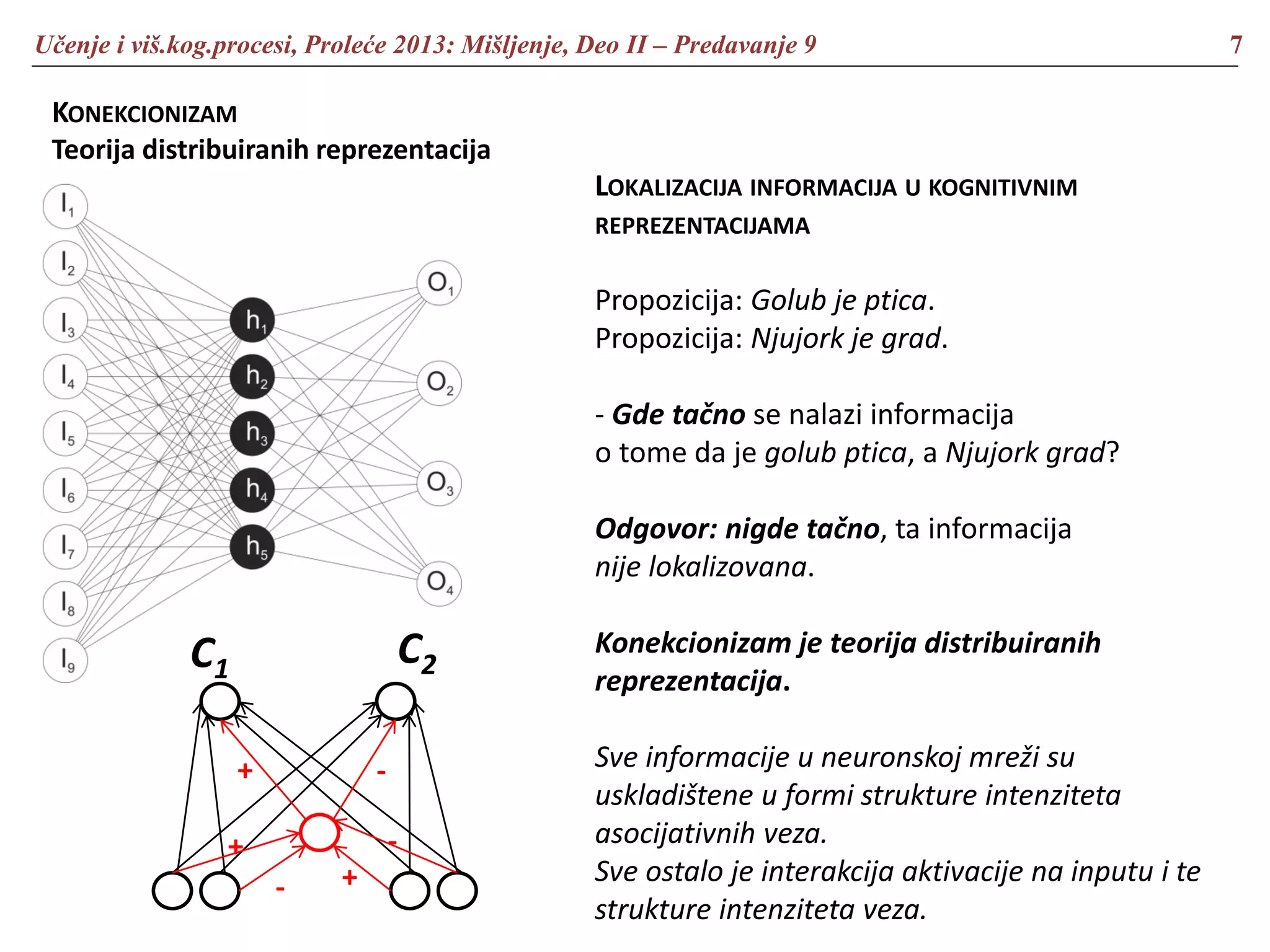 Učenje i viš.kog.procesi, Proleće 2013: Mišljenje, Deo II – Predavanje 9 7
KONEKCIONIZAM
Teorija distribuiranih reprezentacija
C1
C2
+
+-
-
+ -
LOKALIZACIJA INFORMACIJA U KOGNITIVNIM
REPREZENTACIJAMA
Propozicija: Golub je ptica.
Propozicija: Njujork je grad.
- Gde tačno se nalazi informacija
o tome da je golub ptica, a Njujork grad?
Odgovor: nigde tačno, ta informacija
nije lokalizovana.
Konekcionizam je teorija distribuiranih
reprezentacija.
Sve informacije u neuronskoj mreži su
uskladištene u formi strukture intenziteta
asocijativnih veza.
Sve ostalo je interakcija aktivacije na inputu i te
strukture intenziteta veza.
 