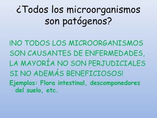 ¿Todos los microorganismos
son patógenos?
¡NO TODOS LOS MICROORGANISMOS
SON CAUSANTES DE ENFERMEDADES,
LA MAYORÍA NO SON PERJUDICIALES
SI NO ADEMÁS BENEFICIOSOS!
Ejemplos: Flora intestinal, descomponedores
del suelo, etc.
 