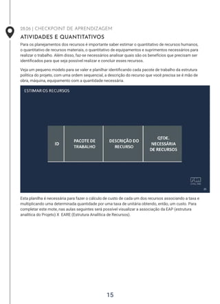 15
28:26 | CHECKPOINT DE APRENDIZAGEM
ATIVIDADES E QUANTITATIVOS
Para os planejamentos dos recursos é importante saber estimar o quantitativo de recursos humanos,
o quantitativo de recursos materiais, o quantitativo de equipamentos e suprimentos necessários para
realizar o trabalho. Além disso, faz-se necessários analisar quais são os benefícios que precisam ser
identificados para que seja possível realizar e concluir esses recursos.
Veja um pequeno modelo para se valer e planilhar identificando cada pacote de trabalho da estrutura
política do projeto, com uma ordem sequencial, a descrição do recurso que você precisa se é mão de
obra, máquina, equipamento com a quantidade necessária.
Esta planilha é necessária para fazer o cálculo de custo de cada um dos recursos associando a taxa e
multiplicando uma determinada quantidade por uma taxa de unitária obtendo, então, um custo. Para
completar este mote, nas aulas seguintes será possível visualizar a associação da EAP (estrutura
analítica do Projeto) X EARE (Estrutura Analítica de Recursos).
 