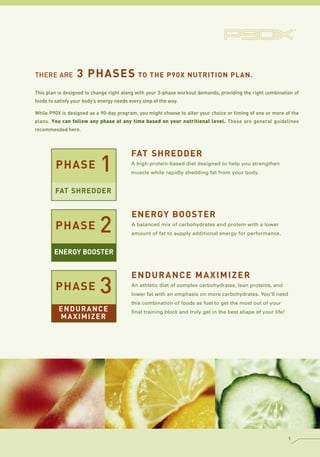 THERE ARE         3 PHASES TO THE P90X NUTRITION PLAN.
This plan is designed to change right along with your 3-phase workout demands, providing the right combination of
foods to satisfy your body’s energy needs every step of the way.

While P90X is designed as a 90-day program, you might choose to alter your choice or timing of one or more of the
plans. You can follow any phase at any time based on your nutritional level. These are general guidelines
recommended here.



                                           FAT SHREDDER
         PHASE               1             A high-protein-based diet designed to help you strengthen
                                           muscle while rapidly shedding fat from your body.


         FAT SHREDDER


                                           ENERGY BOOSTER
         PHASE               2             A balanced mix of carbohydrates and protein with a lower
                                           amount of fat to supply additional energy for performance.


        ENERGY BOOSTER


                                           ENDURANCE MAXIMIZER
         PHASE               3             An athletic diet of complex carbohydrates, lean proteins, and
                                           lower fat with an emphasis on more carbohydrates. You’ll need
                                           this combination of foods as fuel to get the most out of your
          ENDURANCE                        final training block and truly get in the best shape of your life!
          MAXIMIZER




                                                                                                                1
 