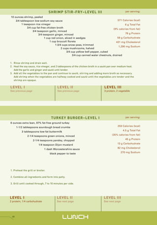 SHRIMP STIR-FRY–LEVEL III                                        per serving:

10 ounces shrimp, peeled
    3/4 tablespoon low-sodium soy sauce                                                 571 Calories (kcal)
         1 teaspoon rice vinegar                                                              6 g Total Fat
              3/4 cup fat-free chicken broth
                                                                                     (9% calories from fat)
                   3/4 teaspoon garlic, minced
                        3/4 teaspoon ginger, minced                                           78 g Protein
                             1 cup red onion, sliced in wedges                          59 g Carbohydrate
                                 1 cup broccoli florets                                431 mg Cholesterol
                                      1-3/4 cups snow peas, trimmed
                                                                                         1,290 mg Sodium
                                           2 cups mushrooms, halved
                                               3/4 cup yellow bell pepper, cubed
                                                    3/4 cup canned water chestnuts, drained


1. Rinse shrimp and drain well.
2. Heat the soy sauce, rice vinegar, and 2 tablespoons of the chicken broth in a sauté pan over medium heat.
   Add the garlic and ginger and sauté until tender.
3. Add all the vegetables to the pan and continue to sauté, stirring and adding more broth as necessary.
   Add shrimp when the vegetables are halfway cooked and sauté until the vegetables are tender and the
   shrimp are opaque.

LEVEL I                                  LEVEL II                                 LEVEL III
See previous page                        See previous page                        3 protein, 2 vegetable




                                    TURKEY BURGER–LEVEL I                                           per serving:

6 ounces extra lean, 97% fat-free ground turkey
      1-1/2 tablespoons sourdough bread crumbs                                               259 Calories (kcal)

          3 tablespoons low-fat buttermilk                                                        4.5 g Total Fat

               2-1/4 teaspoons green onions, minced                                     (35% calories from fat)

                    2-1/4 teaspoons parsley, chopped                                                45 g Protein

                         1/4 teaspoon Dijon mustard                                          13 g Carbohydrate

                               1 dash Worcestershire sauce                                   82 mg Cholesterol

                                   black pepper to taste                                         270 mg Sodium




1. Preheat the grill or broiler.

2. Combine all ingredients and form into patty.

3. Grill until cooked through, 7 to 10 minutes per side.




LEVEL I                                 LEVEL II                                 LEVEL III
2 protein, 1/4 carbohydrate             See next page                            See next page




 48
                                             LUNCH
 