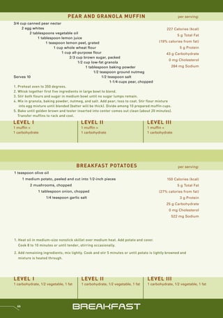 PEAR AND GRANOLA MUFFIN                                            per serving:
3/4 cup canned pear nectar
      2 egg whites                                                                            227 Calories (kcal)
           2 tablespoons vegetable oil
                                                                                                   5 g Total Fat
                1 tablespoon lemon juice
                     1 teaspoon lemon peel, grated                                       (19% calories from fat)
                          1 cup whole wheat flour                                                    5 g Protein
                               1 cup all-purpose flour                                       43 g Carbohydrate
                                   2/3 cup brown sugar, packed
                                                                                               0 mg Cholesterol
                                         1/2 cup low-fat granola
                                              1 tablespoon baking powder                        284 mg Sodium
                                                   1/2 teaspoon ground nutmeg
Serves 10                                               1/2 teaspoon salt
                                                             1-1/4 cups pear, chopped
1. Preheat oven to 350 degrees.
2. Whisk together first five ingredients in large bowl to blend.
3. Stir both flours and sugar in medium bowl until no sugar lumps remain.
4. Mix in granola, baking powder, nutmeg, and salt. Add pear; toss to coat. Stir flour mixture
    into egg mixture until blended (batter will be thick). Divide among 10 prepared muffin cups.
5. Bake until golden brown and tester inserted into center comes out clean (about 20 minutes).
   Transfer muffins to rack and cool.
LEVEL I                                  LEVEL II                                LEVEL III
1 muffin =                               1 muffin =                              1 muffin =
1 carbohydrate                           1 carbohydrate                          1 carbohydrate




                                       BREAKFAST POTATOES                                           per serving:
1 teaspoon olive oil
       1 medium potato, peeled and cut into 1/2-inch pieces                                  150 Calories (kcal)
           2 mushrooms, chopped                                                                    5 g Total Fat
               1 tablespoon onion, chopped                                              (27% calories from fat)
                    1/4 teaspoon garlic salt                                                         3 g Protein
                                                                                             25 g Carbohydrate
                                                                                              0 mg Cholesterol
                                                                                                522 mg Sodium




1. Heat oil in medium-size nonstick skillet over medium heat. Add potato and cover.
   Cook 8 to 10 minutes or until tender, stirring occasionally.

2. Add remaining ingredients; mix lightly. Cook and stir 5 minutes or until potato is lightly browned and
   mixture is heated through.




LEVEL I                                  LEVEL II                                LEVEL III
1 carbohydrate, 1/2 vegetable, 1 fat     1 carbohydrate, 1/2 vegetable, 1 fat    1 carbohydrate, 1/2 vegetable, 1 fat




  66
                                       BREAKFAST
 