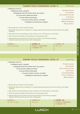 SHRIMP PASTA POMODORO–LEVEL II                                            per serving:

1 tablespoon olive oil
     1 tablespoon garlic, chopped                                                             619 Calories (kcal)

          2 tablespoons fat-free chicken broth, low sodium                                         19 g Total Fat

               1/2 cup tomato, peeled and diced                                          (27% calories from fat)

                    2 ounces whole wheat pasta                                                       61 g Protein

                         9 ounces medium shrimp, uncooked                                     52 g Carbohydrate

                              2 tablespoons basil leaves, chopped                            388 mg Cholesterol
                                                                                                392 mg Sodium


1. Bring large pot of water to boil for pasta.
2. Meanwhile, place olive oil and garlic in a large sauté pan and sauté for several minutes until lightly




                                                                                                                    PHASE 2–ENERGY BOOSTER
   browned.
3. Add chicken broth and tomatoes to pan; simmer for 5 to 10 minutes or until tender.
4. Cook the pasta according to the directions on the package. Drain.
5. Add shrimp to pan and cook for several more minutes, until shrimp are opaque.
   Add basil and toss shrimp mixture with cooked pasta.


LEVEL I                                   LEVEL II                                LEVEL III
See previous page                         3 protein, 1 carbohydrate,              See below
                                          1 vegetable, 1 fat




                           SHRIMP PASTA POMODORO–LEVEL III                                           per serving:
1 tablespoon olive oil
     1 tablespoon garlic, chopped                                                             711 Calories (kcal)
          2 tablespoons fat-free chicken broth, low sodium                                         20 g Total Fat
               1/2 cup tomato, peeled and diced                                          (25% calories from fat)
                    2 ounces whole wheat pasta                                                       80 g Protein
                         12 ounces medium shrimp, uncooked                                    53 g Carbohydrate
                              2 tablespoons basil leaves, chopped                            517 mg Cholesterol
                                                                                                580 mg Sodium




1. Bring large pot of water to boil for pasta.
2. Meanwhile, place olive oil and garlic in a large sauté pan and sauté for several minutes until lightly
   browned.
3. Add chicken broth and tomatoes to pan; simmer for 5 to 10 minutes or until tender.
4. Cook the pasta according to the directions on the package. Drain.
5. Add shrimp to pan and cook for several more minutes, until shrimp are opaque.
   Add basil and toss shrimp mixture with cooked pasta.

LEVEL I                                   LEVEL II                                LEVEL III
See previous page                         See above                               4 protein, 1 carbohydrate,
                                                                                  2 vegetable, 1 fat




                                                 LUNCH                                                         69
 