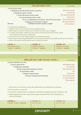 ITALIAN MEATLOAF                                           per serving:
1/2 cup onions, diced
     2 tablespoons fat-free chicken broth, low sodium                                       297 Calories (kcal)
           2 tablespoons garlic, minced                                                           3 g Total Fat
               1-1/2 pounds ground turkey breast                                        (8% calories from fat)
                    1/2 cup sourdough bread crumbs                                                45 g Protein
                         1/2 cup + 2 tablespoons low-sodium, low-fat marinara sauce         20 g Carbohydrate
                               2 tablespoons fresh basil, chopped                           106 mg Cholesterol
Serves 4                            2 tablespoons Italian parsley, chopped                     410 mg Sodium

1. Preheat oven to 350 degrees.
2. Sauté the onions in the chicken broth until lightly browned.
3. Add the garlic and cook 5 minutes more. Remove from heat and cool slightly.




                                                                                                                   PHASE 2–ENERGY BOOSTER
4. In a large mixing bowl, combine the onion mixture with the ground turkey, bread crumbs,
   1/2 cup marinara sauce, basil, and parsley.
5. Form mixture into a loaf. Shape and place in an ungreased loaf pan.
6. Brush with the remaining 2 tablespoons marinara sauce and bake until cooked through, 30 to 45 minutes.
7. Drain off fat and let cool 20 minutes before cutting into 8 slices.


LEVEL I                                   LEVEL II                              LEVEL III
2 slices (6 ounces) =                     3 slices (9 ounces) =                 4 slices (12 ounces) =
2 protein, 1 vegetable                    3 protein, 1 vegetable                4 protein, 1 vegetable




                             GRILLED AHI TUNA SALAD–LEVEL I                                         per serving:
6 ounces yellowfin tuna (ahi)
     2 cups arugula leaves                                                                  352 Calories (kcal)
           2 tablespoons soybeans                                                                 8 g Total Fat
               1/4 cup canned water chestnuts, drained                                      (20% calories from
                    1/2 cup papaya, cubed                                                                   fat)
                          1 teaspoon sesame seeds                                                   51 g Protein
                               lime-soy vinaigrette (see Dressings)                         20 g Carbohydrate
                                                                                            77 mg Cholesterol
                                                                                                79 mg Sodium




1. Grill tuna for 2 to 4 minutes on each side, depending on your preference for doneness.
2. Slice into portion-size pieces.
3. Arrange the arugula leaves on a large plate. Sprinkle the soybeans and water chestnuts on top.
4. Add the papaya and ahi last. Garnish with sesame seeds and drizzle with 2 tablespoons of
   lime-soy vinaigrette.


LEVEL I                                   LEVEL II                              LEVEL III
2 protein, 1/2 fruit, 1 vegetable         See next page                         See next page




                                              DINNER                                                        75
 