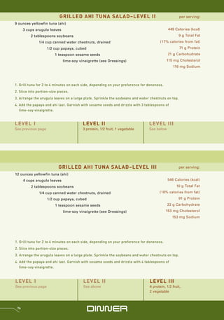 GRILLED AHI TUNA SALAD–LEVEL II                                         per serving:
9 ounces yellowfin tuna (ahi)
      3 cups arugula leaves                                                                  449 Calories (kcal)
          2 tablespoons soybeans                                                                   9 g Total Fat
               1/4 cup canned water chestnuts, drained                                 (17% calories from fat)
                    1/2 cup papaya, cubed                                                           71 g Protein
                         1 teaspoon sesame seeds                                             21 g Carbohydrate
                              lime-soy vinaigrette (see Dressings)                          115 mg Cholesterol
                                                                                                116 mg Sodium




1. Grill tuna for 2 to 4 minutes on each side, depending on your preference for doneness.
2. Slice into portion-size pieces.
3. Arrange the arugula leaves on a large plate. Sprinkle the soybeans and water chestnuts on top.
4. Add the papaya and ahi last. Garnish with sesame seeds and drizzle with 3 tablespoons of
   lime-soy vinaigrette.


LEVEL I                                  LEVEL II                               LEVEL III
See previous page                        3 protein, 1/2 fruit, 1 vegetable      See below




                           GRILLED AHI TUNA SALAD–LEVEL III                                         per serving:
12 ounces yellowfin tuna (ahi)
      4 cups arugula leaves                                                                  546 Calories (kcal)
          2 tablespoons soybeans                                                                  10 g Total Fat
               1/4 cup canned water chestnuts, drained                                (16% calories from fat)
                    1/2 cup papaya, cubed                                                          91 g Protein
                         1 teaspoon sesame seeds                                            22 g Carbohydrate
                              lime-soy vinaigrette (see Dressings)                          153 mg Cholesterol
                                                                                               153 mg Sodium




1. Grill tuna for 2 to 4 minutes on each side, depending on your preference for doneness.
2. Slice into portion-size pieces.
3. Arrange the arugula leaves on a large plate. Sprinkle the soybeans and water chestnuts on top.
4. Add the papaya and ahi last. Garnish with sesame seeds and drizzle with 4 tablespoons of
   lime-soy vinaigrette.



LEVEL I                                  LEVEL II                               LEVEL III
See previous page                        See above                              4 protein, 1/2 fruit,
                                                                                2 vegetable



 76
                                            DINNER
 