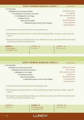 SPICY CHINESE NOODLES–LEVEL I                                            per serving:

2 ounces pasta
      2 tablespoons chunky peanut butter                                                       429 Calories (kcal)

          1-1/2 tablespoons low-sodium soy sauce                                                    17 g Total Fat

               1-1/2 tablespoons rice vinegar                                             (35% calories from fat)

                     1 teaspoon honey                                                                 16 g Protein

                         dash cayenne pepper                                                  56 g Carbohydrate

                              1 tablespoon green onions, finely chopped                         0 mg Cholesterol
                                                                                                1,056 mg Sodium


1. Cook the pasta according to the directions on the package. Drain.


2. While the pasta is cooking, combine in a small saucepan the peanut butter, soy sauce, vinegar, honey, and
   cayenne.


3. Mix together the pasta and the peanut butter sauce. If the pasta is too dry, add a little fat-free chicken broth
   to thin the sauce. Garnish with green onions.


LEVEL I                                   LEVEL II                                  LEVEL III
1 carbohydrate,                           See below                                 See next page
1 condiment, 1 fat




                            SPICY CHINESE NOODLES–LEVEL II                                            per serving:
3 ounces pasta
      3 tablespoons chunky peanut butter                                                       660 Calories (kcal)
          2 tablespoons low-sodium soy sauce                                                        26 g Total Fat
              2 tablespoons rice vinegar                                                  (33% calories from fat)
                     1-1/2 teaspoons honey                                                           25 g Protein
                         dash cayenne pepper                                                  89 g Carbohydrate
                             2 tablespoons green onions, finely chopped                         0 mg Cholesterol
                                                                                                1,444 mg Sodium


1. Cook the pasta according to the directions on the package. Drain.


2. While the pasta is cooking, combine in a small saucepan the peanut butter, soy sauce, vinegar, honey, and
   cayenne.


3. Mix together the pasta and the peanut butter sauce. If the pasta is too dry, add a little fat-free chicken broth
   to thin the sauce. Garnish with green onions.




LEVEL I                                   LEVEL II                                  LEVEL III
See above                                 1-1/2 carbohydrate,                       See next page
                                          2 condiment, 1 fat



 94
                                              LUNCH
 