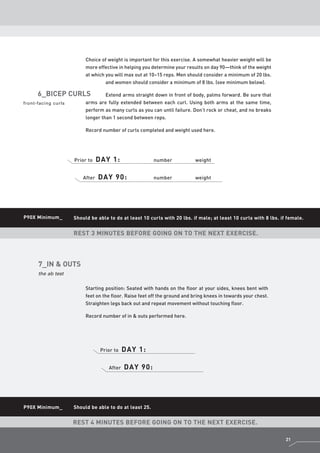 Choice of weight is important for this exercise. A somewhat heavier weight will be
                          more effective in helping you determine your results on day 90—think of the weight
                          at which you will max out at 10–15 reps. Men should consider a minimum of 20 lbs.
                                   and women should consider a minimum of 8 lbs. (see minimum below).

      6_BIcEP cuRlS                Extend arms straight down in front of body, palms forward. Be sure that
front-facing curls        arms are fully extended between each curl. Using both arms at the same time,
                          perform as many curls as you can until failure. Don’t rock or cheat, and no breaks
                          longer than 1 second between reps.

                          Record number of curls completed and weight used here.




                     Prior to    DAy 1:                  number            weight


                         After   DAy 90:                 number            weight




P90X minimum_        Should be able to do at least 10 curls with 20 lbs. if male; at least 10 curls with 8 lbs. if female.


                     REST 3 mINuTES BEFORE GOING ON TO THE NEXT EXERcISE.



      7_IN & OuTS
      the ab test

                          Starting position: Seated with hands on the floor at your sides, knees bent with
                          feet on the floor. Raise feet off the ground and bring knees in towards your chest.
                          Straighten legs back out and repeat movement without touching floor.

                          Record number of in & outs performed here.




                                  Prior to   DAy 1:

                                     After   DAy 90:




P90X minimum_        Should be able to do at least 25.


                     REST 4 mINuTES BEFORE GOING ON TO THE NEXT EXERcISE.

                                                                                                                  21
                                                                                                                 31
 
